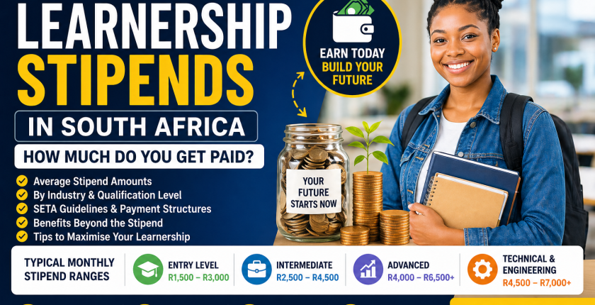 Promotional banner about 2026 learnership stipends in South Africa, featuring a smiling student beside a jar of coins and a plant, promoting future earnings and qualifications.