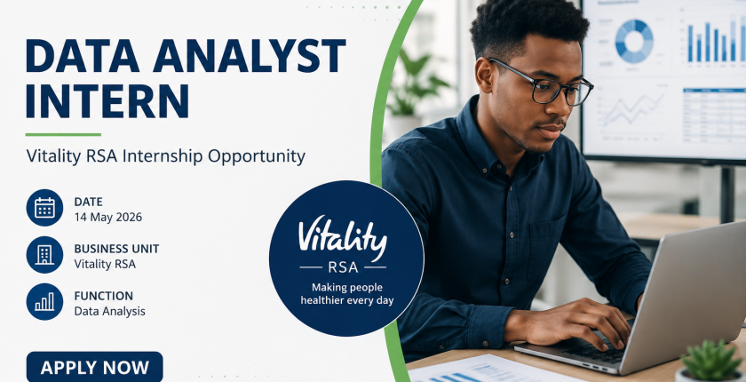 Recruitment poster for a Data Analyst Intern at Vitality RSA/Discovery, showing a person working on a laptop with data charts in the background.