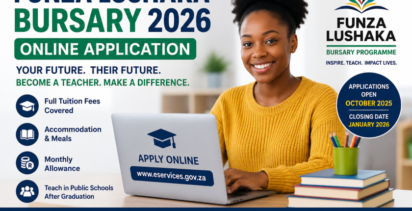 Banner advertising the Funza Lushaka Bursary 2026 online application with a smiling student at a laptop and listed program benefits (tuition, meals, accommodation).