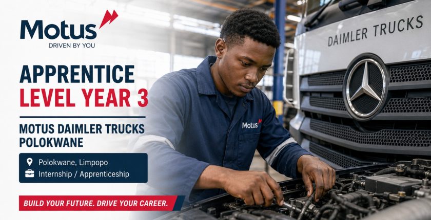 Young mechanic in a Motus uniform working on a truck engine; advert for Apprentice Level Year 3 in Polokwane.