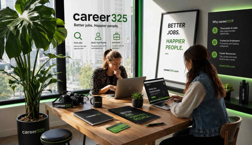 Two women sit at a wooden table with laptops in a bright, branded career325 office; large plants and wall posters behind them show 'Better jobs. Happier people.'