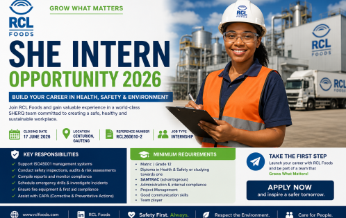 RCL Foods SHE Intern Opportunity 2026 in Centurion Guide
