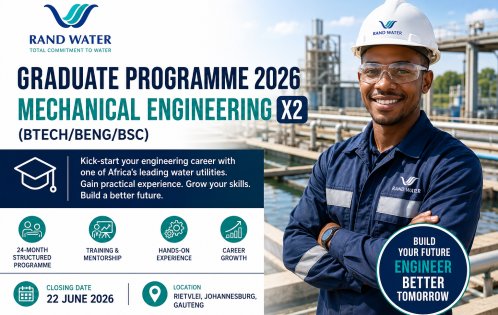 Rand Water Graduate Programme 2026: Mechanical Engineering Graduate Trainee Opportunities (BTech/BEng/BSc) in Gauteng