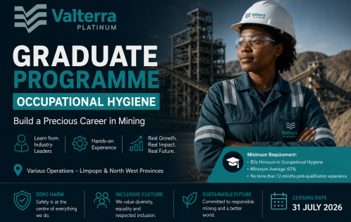 Valterra Platinum graduate programme poster: a woman in a hard hat at a mining site with the 'Occupational Hygiene' banner.