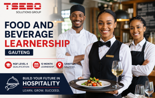Promotional banner for a Food and Beverage Learnership in Gauteng showing three hospitality staff in uniform with a plated dish and wine, and a navy blue banner area with text.