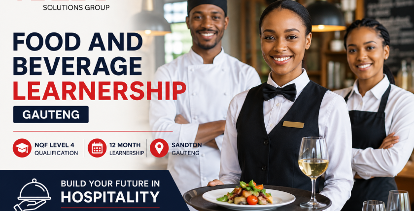 Promotional banner for a Food and Beverage Learnership in Gauteng showing three hospitality staff in uniform with a plated dish and wine, and a navy blue banner area with text.