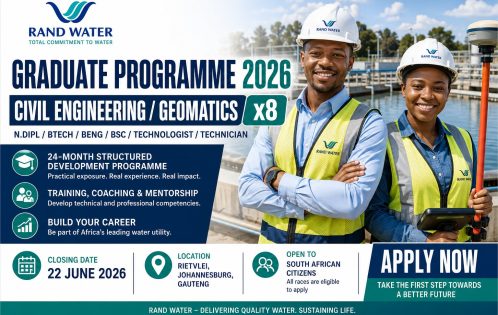 Rand Water Civil Engineering and Geomatics Graduate Programme 2026 in Gauteng. Gain valuable workplace experience and develop professional engineering skills.