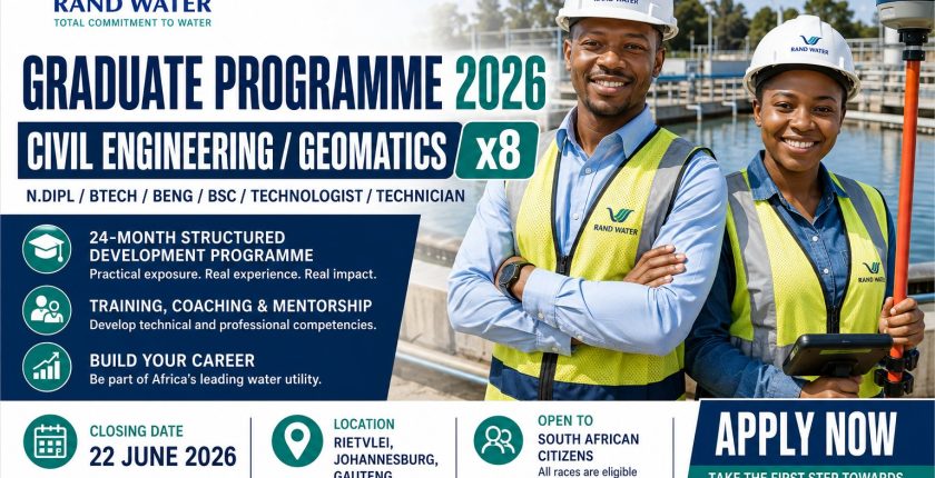 Rand Water Civil Engineering and Geomatics Graduate Programme 2026 in Gauteng. Gain valuable workplace experience and develop professional engineering skills.
