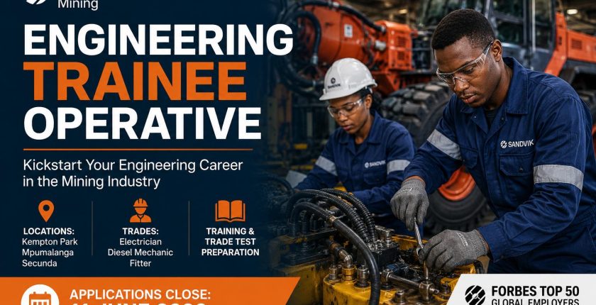 Sandvik Mining: engineering trainee operator program banner announcing kickoff to engineering careers in mining, with locations, trades, and training details.