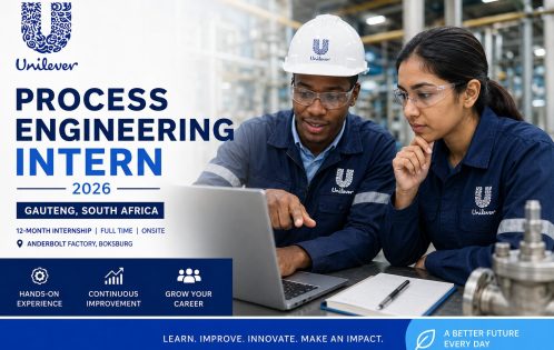 Unilever Process Engineering Intern 2026 recruitment poster with two engineers in a factory setting and safety gear.