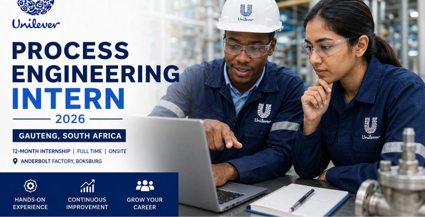 Unilever Process Engineering Intern 2026 recruitment poster with two engineers in a factory setting and safety gear.